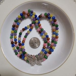 Multi Color Jade (D) Beaded Double Row Butterfly Necklace 20 In Rhodium Sterling
